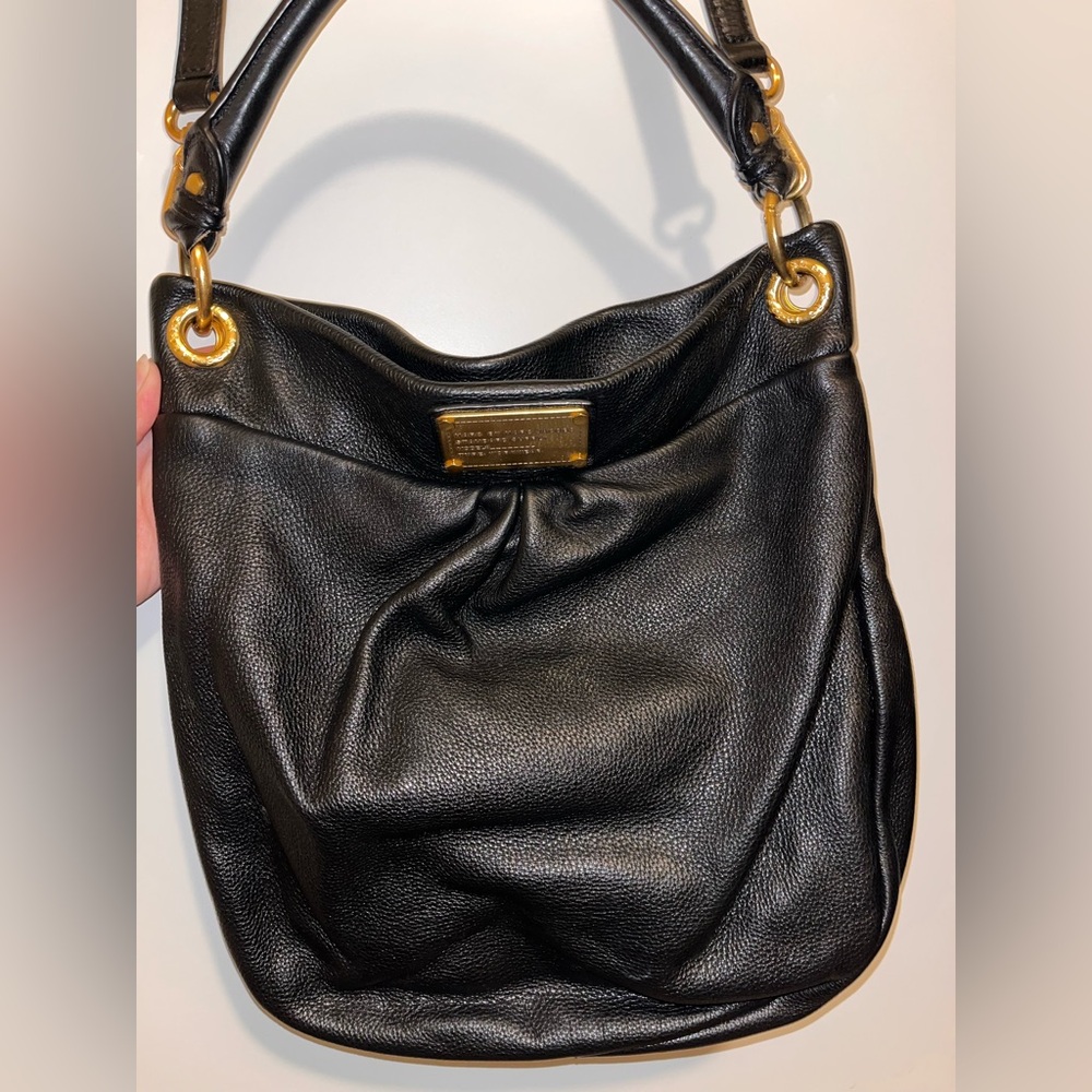 Marc Jacobs Black Leather Hobo Bag with Gold Accents